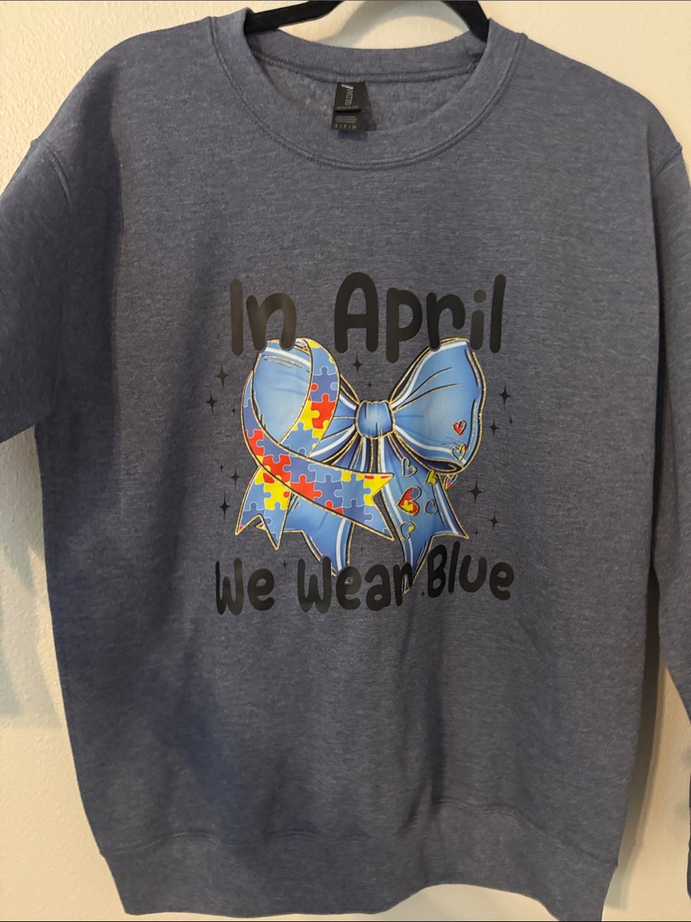 Gildan Blue adult Sweatshirt with Puzzle Ribbon & Bow Graphic DTF transfer